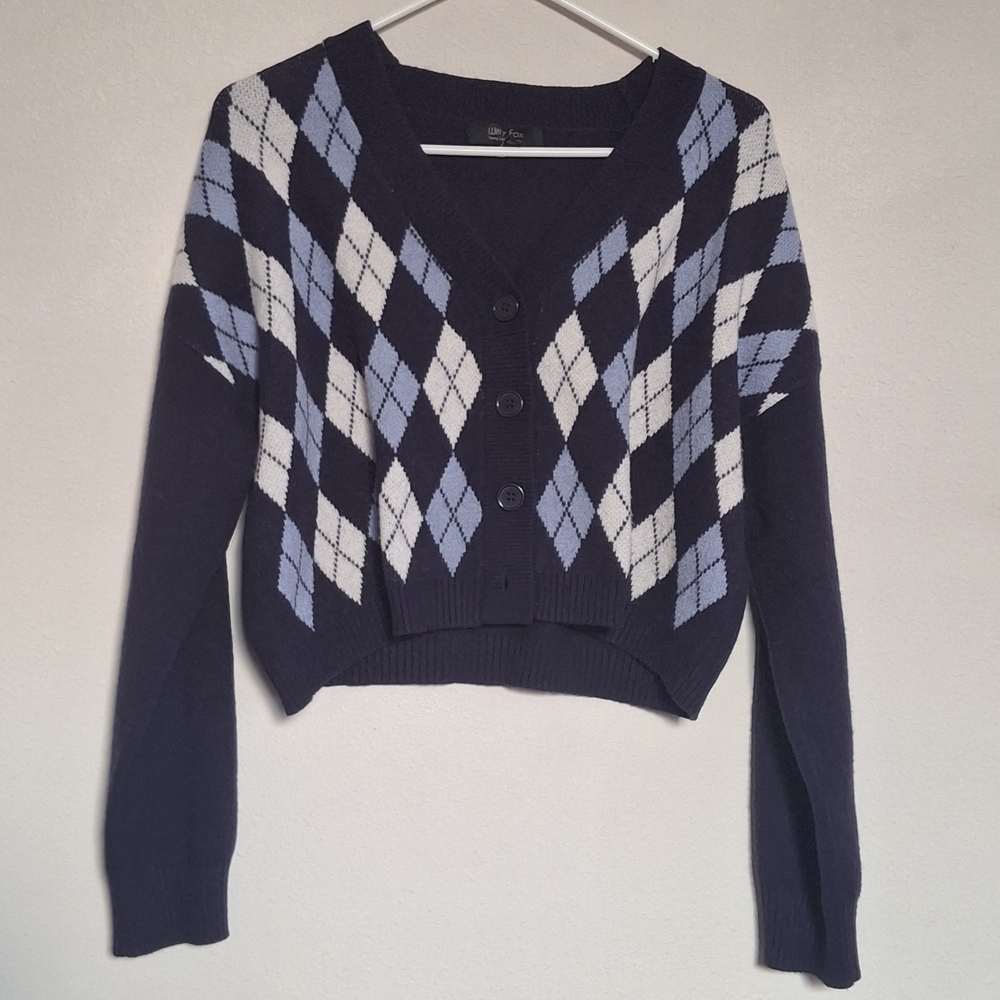 Witty Fox Navy Argyle Strechy Knit Crop Cardigan Sweater L